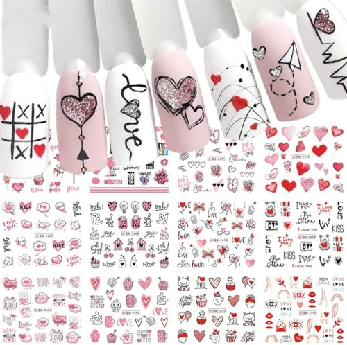 Nagelsticker Valentinstag, Wassertransfer Nagel Abziehbilder, Nagelsticker Valentinstag Herz, Gemischt Nagelsticker, Nagelaufkleber, Herz Nagelaufkleber, für Nail Art Dekoration