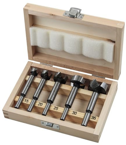 Faithfull FAIFORSET5W Forstner Bit Set with Wooden Storage Case for Hardwood, Softwood, Drilling, Boring, Straight, Angled, Overlapping & Pocket holes - 5 Pack - 15mm, 20mm, 25mm, 30mm & 35mm