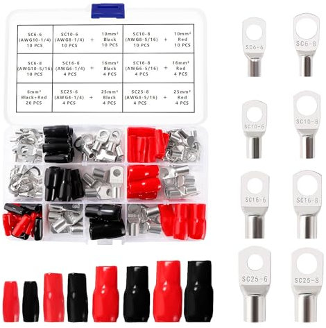 YIXISI 112 Pezzi M6/M8 Ring Terminali Connettori Kit, Capicorda Cavo Batteria, Capicorda Elettrici ad Anello di Rame, con Manicotti Isolanti, per Cavo Elettrico, Argento