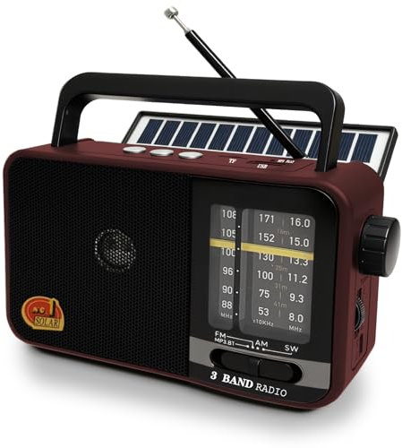 Radio Portatile con Pannello Solare e Batteria 1200mAh, Ricevitore AM/FM/SW con Altoparlante 8W/TWS/USB/TF, Radio Bluetooth Ricaricabile per Camping, Emergenza e Esterno (rosso)