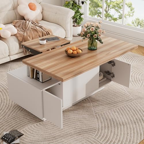 BTM Table Basse Moderne avec Plateau Relevable, Table Basse Blanche et Bois avec Rangement et 2 Portes, Table d'appoint de Salon avec Plateau Pliable, Charge de 50kg, 100x50x43cm, Blanc et Brun