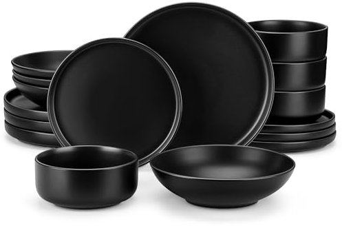 vancasso Black Plates and Bowls Set for 4, Stoneware Dinner Set 16 Piece, Elegant Dinnerware with Matte Glaze, Modern Style Playa Dinner Sets