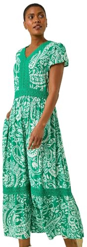 Roman Originals Paisley Lace Trim Maxi Dress for Women UK - Ladies Everyday Holiday Spring Summer V-Neckline Comfy Soft Evening Vacation Work Party - Green - Size 10