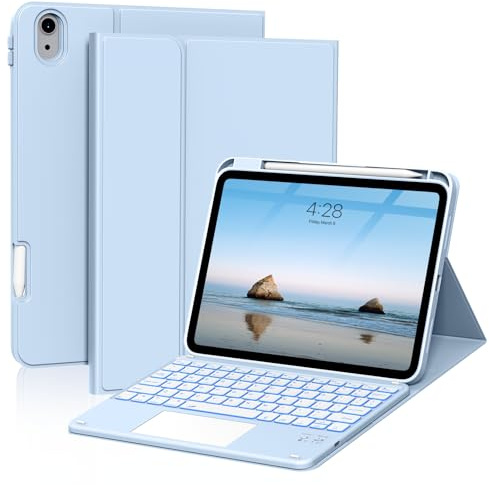 ZKTUYU for iPad A16 11th /10th Generation Case with Keyboard 11 inch/ 10.9 inch 2025/2022, Detachable Bluetooth Touchpad Keyboard with Backlit, Blue