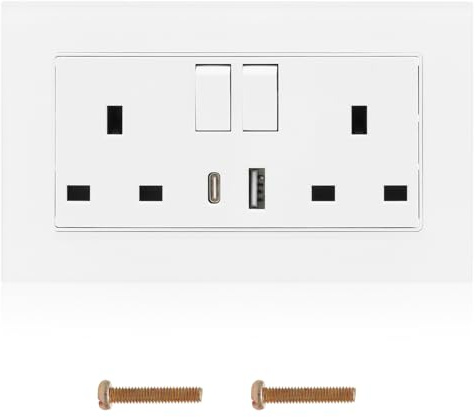 13A Double Plug Socket Waterproof Practical Double Wall Socket Multifunctional Outdoor Double Socket with Two Type A and Single Type C USB Charging Ports for Home Bedroom Kitchen Office