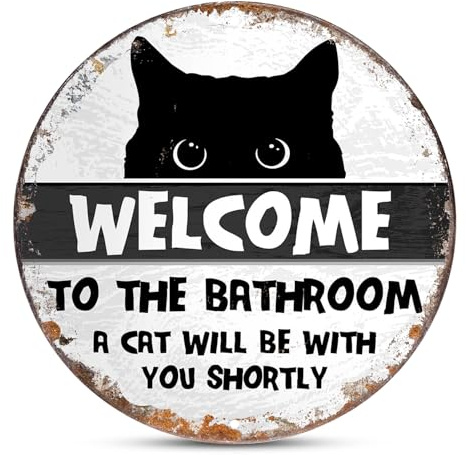 Badezimmer Deko, Schwarze Katze Blechschild Metallschild Wanddeko Willkommen im Badezimmer, Blechschilder Retro für Toilette und Bäder, Lustige Schilder für Badezimmer Wanddekoration 20x20cm