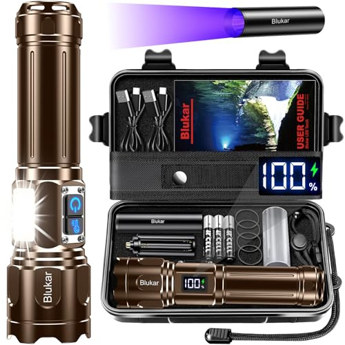 Blukar Linterna LED Recargable, 2 Colores Superbrillante Linternas Mano | con Luz COB Lateral, 7 Modos, IP67 Impermeable Enfoque Ajustable Linterna para Camping y Cortes de Luz,Marrón