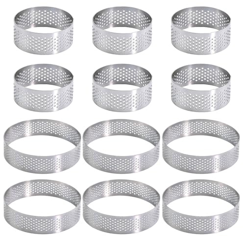 12 Stück Mousse Tartelette Förmchen,430 Edelstahl Déssertringe(5cm,8cm) | Dessert Möusse Ring Mit Löchern,Perforierter Crumpet Rings für Mousse Torten Mini-Pizzen Muffins Kochen Backen