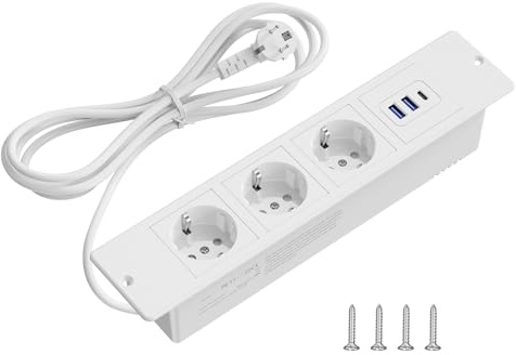 Einbausteckdose mit USB-C, Versenkbare Steckdosenleiste 3-fach | Einbausteckdose Versenkbar mit Schalter, 2500W/10A, Einbau Steckdose mit 2m Kabel für Haushalt und Büro (Weiß)