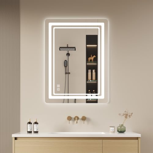 BUBFUL Badspiegel mit Beleuchtung 70 × 50cm, Badezimmerspiegel Beleuchtet Beschlagfrei LED Bad Spiegel mit Touch Schalter, 3 Lichtfarben Dimmbar Speicherfunktion, Badezimmer Wandspiegel IP44