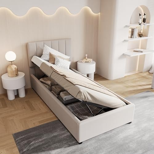 BPKADHY Polsterbett 90x200 mit Stauraum – Jugendbett Einzelbett mit Bettkasten & Hydraulik, Verstellbarem Kopfteil, Bettgestell mit Lattenrost – Leinen Beige, ohne Matratze (Beige-C, 90x200cm)