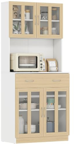 HOMCOM Alacena de Cocina Alta con Cajón 80x40x180 cm Blanco y Natural | Mueble Auxiliar de Cocina, 4 Puertas de Vidrio, Encimera Abierta para Microondas, Estantes Ajustables