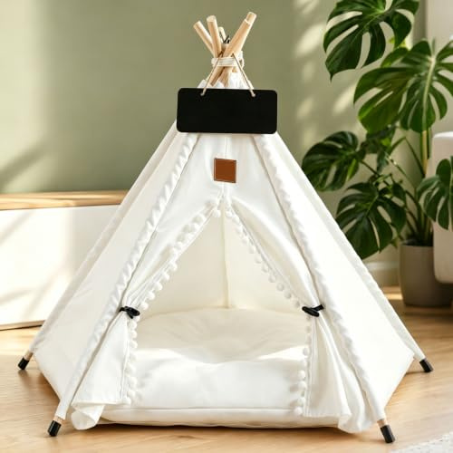 Fünfeckiges Haustierzelt Tipi für Hunde & Katze tragbar Weiß Tipi Zelt M | 50x60cm mit Doppelseitigem Kissen für Haustiere Hundezelt Luxery Hundehöhle Abnehmbar & Waschbar Katzenzelt & Haustierhäuser