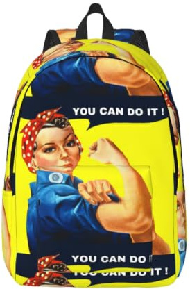 CHAbu We Can Do It Leinen-Rucksack, Büchertasche, großes Fassungsvermögen, klassisch, modisch, Uni, Arbeit, Reisen, Schwarz , S, Casual