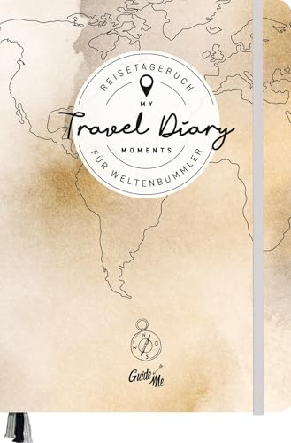 GuideMe Reisetagebuch Travel Diary „Weltkarte“: Tagebuch zum Ausfüllen mit freien Seiten, Sammeltasche, Stickerbogen & 3 Lesebändchen