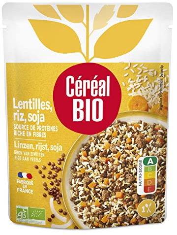 Céréal Bio Lentilles Riz Soja Végétarien – Lentilles Vertes, Riz Complet, Soja Bio – Plat Cuisiné Bio Individuel, Micro-Ondable, Riche en Fibres, Prêt à Réchauffer – 250g