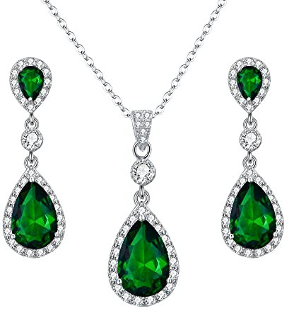 Clearine Damen 925 Sterling Silber Hochzeit Braut Cubic Zirconia Unendlichkeit Tropfen Anhänger Halskette Dangle Ohrringe Schmuck Set Smaragd-farbe