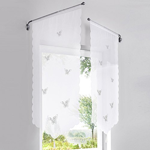 HongYa 1er-Pack Panneaux Kurzstore Transparenter Voile Küche Gardine mit Schmetterlinge Muster Lasercut Tunnelzug H/B 90/40 cm