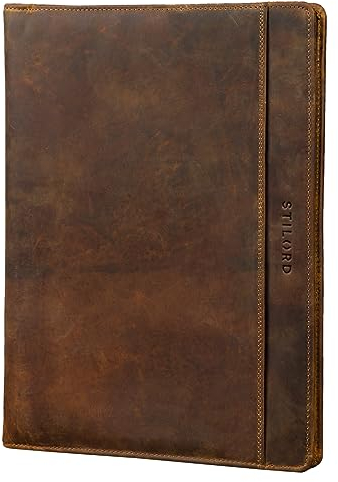 STILORD 'Josh' Leather Conference Folder A4 Vintage Business Map with Zip and Ring Binder Portfolio Document Folder for 13,3 Inch MacBooks, Colour:Middle Brown