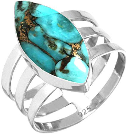 Jeweloporium Kupfer Blau Türkis Silber Ring Größe 50 (15,9), 925 Sterling Silber Ring für Damen, Marquise Edelstein Boho Schmuck