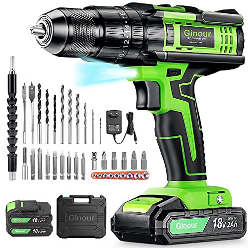 Ginour 21V Brushless Cordless Impact Drill Set Including 2x2.0Ah Batteries, 50 Nm Drill/Driver, 23+3 Torque Levels, 2-Speed, 45-Piece Accessories & case, LED Light, 10mm Chuck