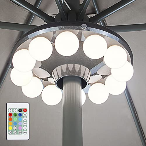 HONGUT Terrassenschirm-Licht, 3 x D, batteriebetriebene Schirmstange mit Fernbedienung, 2,4 m durch die Wand, 12 Glühbirnen, 60 LEDs, 4 Modi, 12 Farbwechsel, Outdoor-Camping-Licht mit Aufhängering für