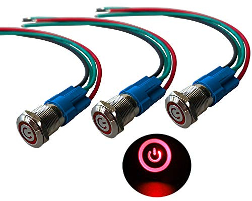 QitinDasen 3Pcs Premium 12mm Selbstsperrender Druckschalter, 12V/24V 3A Auto Zündungs Startschalter, Rot LED Licht IP66 Wasserdichter Metall Drucktaster Schalter, mit Steckdosendraht und Gummi Ring
