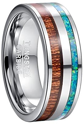 TUNGSTORY 8mm Herren Eheringe Eingelegt mit Grünem Synthetischer Opal und Hawaiianischem Koa-Holz Wolframkarbid Ring für Männer Komfort Fit Größe 61(19.4)