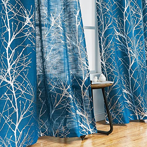 Fmfunctex Navy Silver Semi Sheer Curtains for Bedroom 72 Drop Voile Curtain for Living Room Branch Foil Eyelet Curtains Linen Textured Light Filtering Window Curtain Drapes for Dining Room 2 Panels