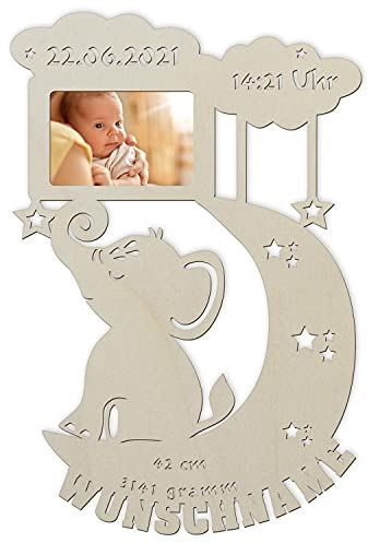 Namofactur Holz Bilderrahmen Elefant auf Mond I Personalisiertes Baby-Geschenk zur Geburt I Für Neugeborene Jungs und Mädchen