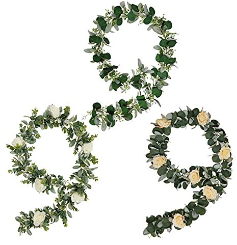 Mokyler Künstliche Efeu, künstliche Eukalyptus-Girlande mit Kunstblumen, für Hochzeit, Party, Zimmer, Schlafzimmer, Wanddekoration, 3 Stück