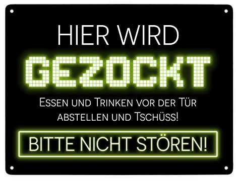 Hier wird gezockt Metallschild XXL in 28x38 cm für Gamer in gelb lustige Geschenkidee für Jungen und Mädchen die Computerspiele lieben und am liebsten den ganzen Tag zocken würden
