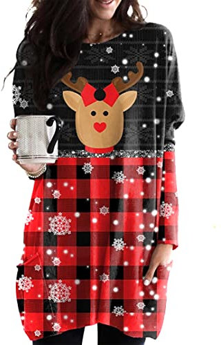 EFOFEI Damen Übergroßer Pullover mit lockerer Passform Niedliches Hasen Pullover Shirt Langärmliges bedrucktes Hemdkleid Elch Schwarz Rot S