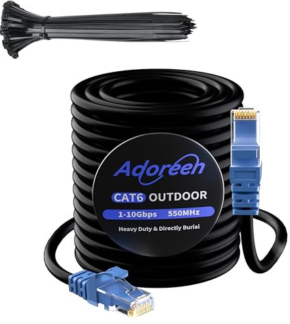 Adoreen Cat 6 Outdoor Ethernet Cable 300 feet, Heavy Duty Cord(from 25 to 300ft) Waterproof Direct Burial & Indoor,POE,Cat6 Cat 5e Cat 5 Network LAN Internet RJ45 Ether Cable,UV Jacket+15 Ties(91.5m)