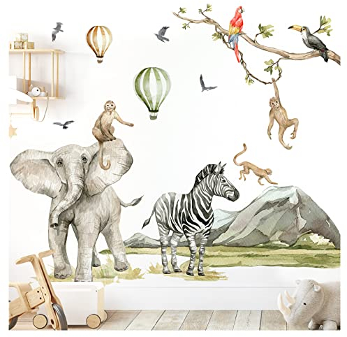 Grandora Wandtattoo Wandsticker Kinderzimmer Safaritiere Affen Wandaufkleber Wanddeko Zebra Sticker Babyzimmer Elefant Spielzimmer Wandbild Kinder Aufkleber DL766-2