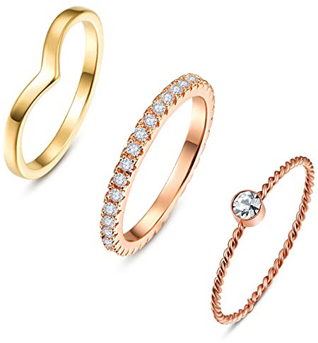 VAKKI 3 anelli in titanio con zirconia cubica per uomini e donne, in oro rosa e oro, intrecciati per matrimonio, per promessa, vestibilità comoda, taglia L1/2-S, Acciaio inossidabile