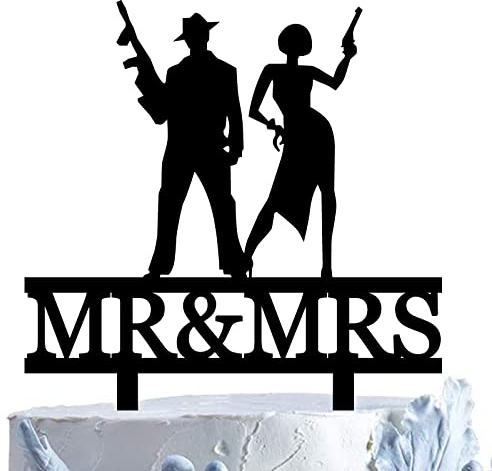 Gun Wedding Cake Topper, Funny Mr and Mrs Cake Topper - The Groom and The Bride Stand Side by Side Holding with Their Guns, Funny Heavy Gun Bride and Groom Cake Topper