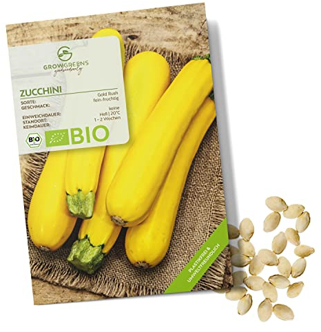 BIO Zucchini Samen Gelb (Gold Rush, 5 Korn) - Zucchini Saatgut aus biologischem Anbau ideal für die Anzucht im Garten, Balkon oder Terrasse
