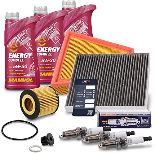 BESTPRICE Inspektionspaket Filterset mit 1x Luftfilter, 1x Innenraumfilter (Aktivkohle), 3x Zündkerze ULTRA Z272, 3x Motoröl 5W-30 Energy Combi LL 1 l, 1x Ölablassschraube mit Dichtring, 1x Ölwechsel