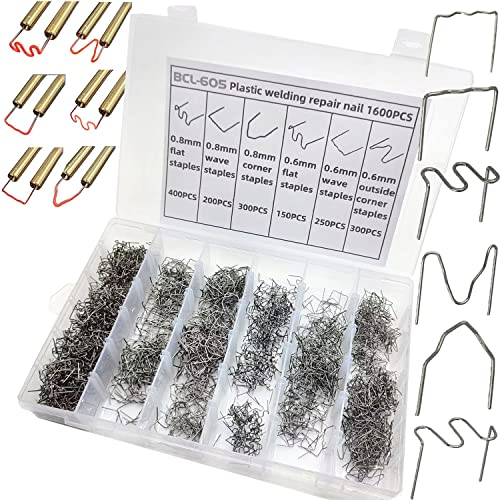 1600PCS Heiße Heftklammern, 6-Typen 0.6mm 0.8mm Plastik Schweißen Heiße Heftklammern, Stoßstange Reparatur Nagel Auto Stoßstange Plastik Schweißen Reparatur Flach/Außenecke/Innenecke/Welle heftklammer