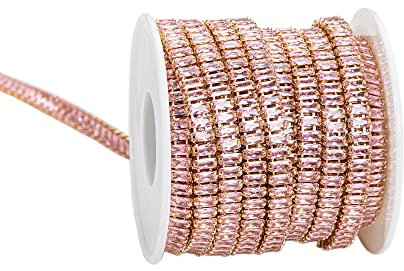 KAOYOO 1 Yards Rectangle Zircon Rhinestones Close Chain Beaded Trim for Sewing Crafts,DIY Decoration(Pink Crystal)