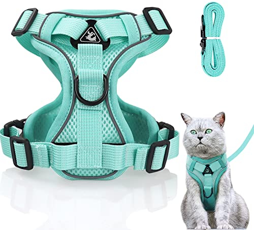 Verstellbares Katzengeschirr Ausbruchsicher, Katzengeschirr mit Leine Set, Softgeschirr für Katze Brustgeschirr für Katzen Kitten Hunde Welpen (Minzgrün -S)