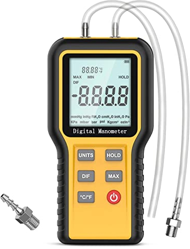 LYCEBELL Digitales Manometer Gasdruckprüfer, Differenzdruckmessgerät Dual-Port-Luftdruckmessgerät mit Hintergrundbeleuchtung und Datensatzfunktion, Manometer HAVC mit 12 Messeinheiten