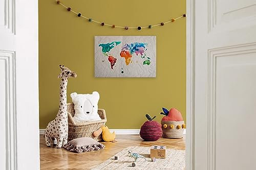 A.S. Création Leinwandbild Weltkarte mit Kontinenten - Kunstdruck bunt blau - 90x60 cm Querformat - Moderne Wanddekoration Schlafzimmer Wohnzimmer Küche - Bild auf Keilrahmen