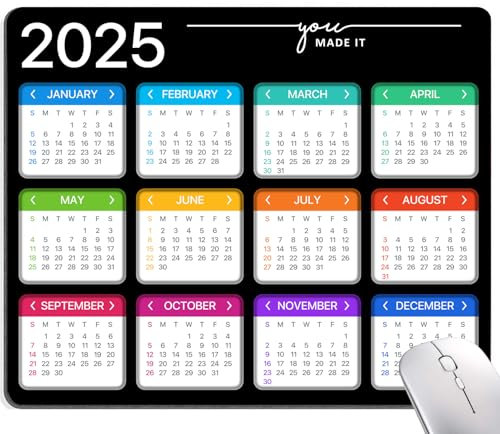 Hokafenle Mouse Pad, Black 2025 Calendar Mouse Pad, Premium-Textured Square Waterproof Mouse Mat Non-Slip Rubber Base MousePads for Office Laptop Home