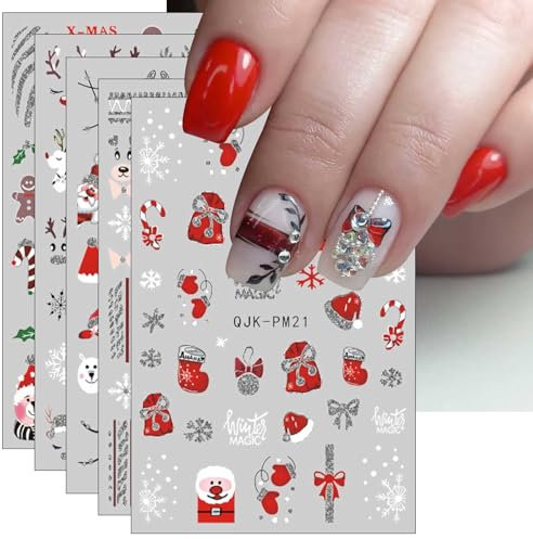 Christmas Nail Stickers, 9 Sheets Self-Adhesive Nail Decal Socks Snowflake Red Nail Art Decoration Design Supplies