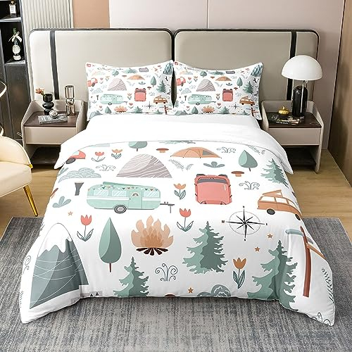 Bettbezug für Kinder, Camper-Thema, 100 % Baumwolle, Queen-Size-Bett, Happy Camping Bettwäsche-Set, Reiseauto, Wohnmobil-Zubehör, Trösterbezug, botanische Blumen, Bergabenteuer, Steppdecke, niedlicher