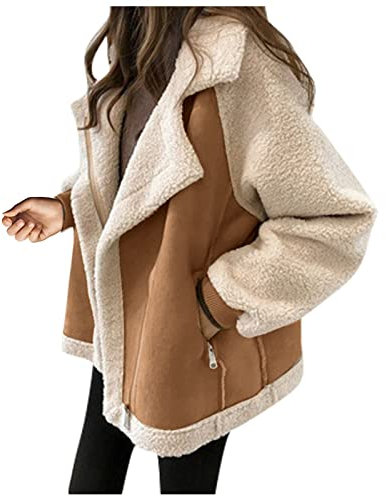 Azruma Damen Winterjacke Lang Wintermantel Mädchen Pelzmantel Damen Frauen Warm Kurz Schaffell Fleece Revers Langarm Motorradjacke Mit Zipper Taschen Damen Langarmshirt (1-Khaki, M)