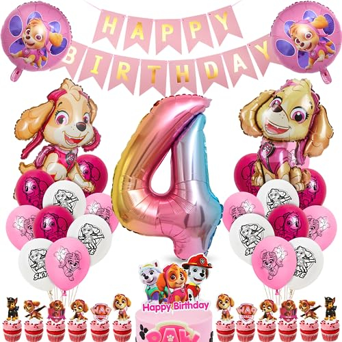 Siphus Geburtstagsdeko Mädchen 4 Jahre, Hund Patrol Geburtstag Deko, Sky Luftballons 4 Geburtstag, Folienballon Zahl 4, Happy Birthday Banner, Dog-Patrol Tortendeko als Kindergeburtstag Partydeko
