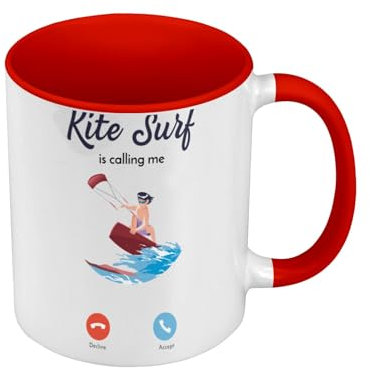 Premium Quality Red Colour Mug - Kite Surf Is Calling Me Extreme Aquatics - Mug with Handle and Coloured Interior